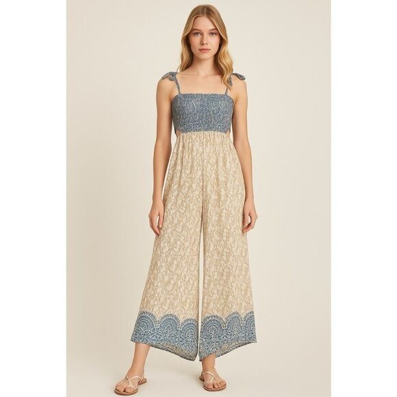 Free People Pants - Free People Boho Smocked Wide-Leg Jumpsuit XS Blue Beige Floral Tie Straps